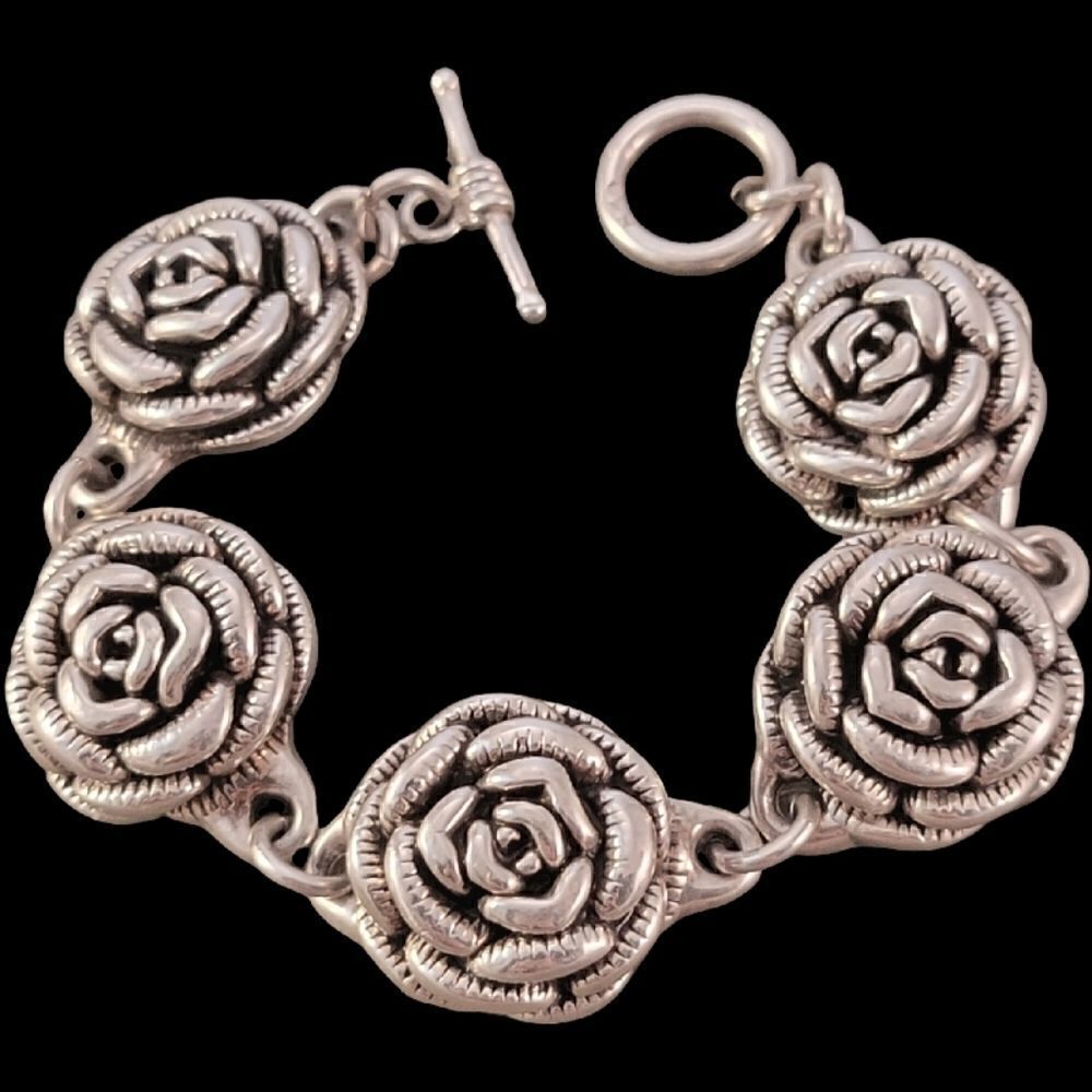 Vintage Sterling 3D Rose Flower Design Link Bracelet